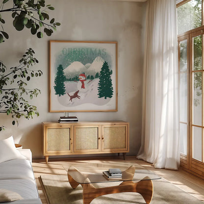 Winter Wonderland IV by Becky Thorns. Shown in a natural wood frame in a cozy modern living room. Available as an archival giclee rolled canvas, fine art paper, or poster print. SKU 57090a.