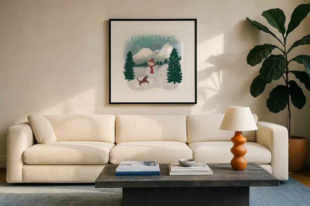 Winter Wonderland IV by Becky Thorns. Displayed in a glass frame with matte in a clean modern living room. Available as an archival giclee rolled canvas, fine art paper, or poster print. SKU 57090a.