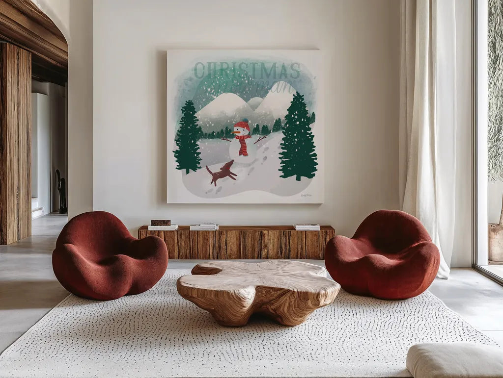 Winter Wonderland IV by Becky Thorns. Shown as extra-large giant wall art in a modern living room. Available as an archival giclee rolled canvas, fine art paper, or poster print. SKU 57090a.