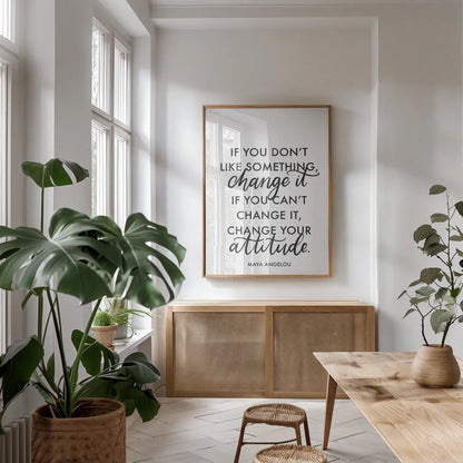 Words of Wisdom I BW v2 by Becky Thorns. shown as a print in a natural wood frame in a dining room. Available as a archival giclee rolled canvas, fine art paper, or poster print. SKU 80656h.