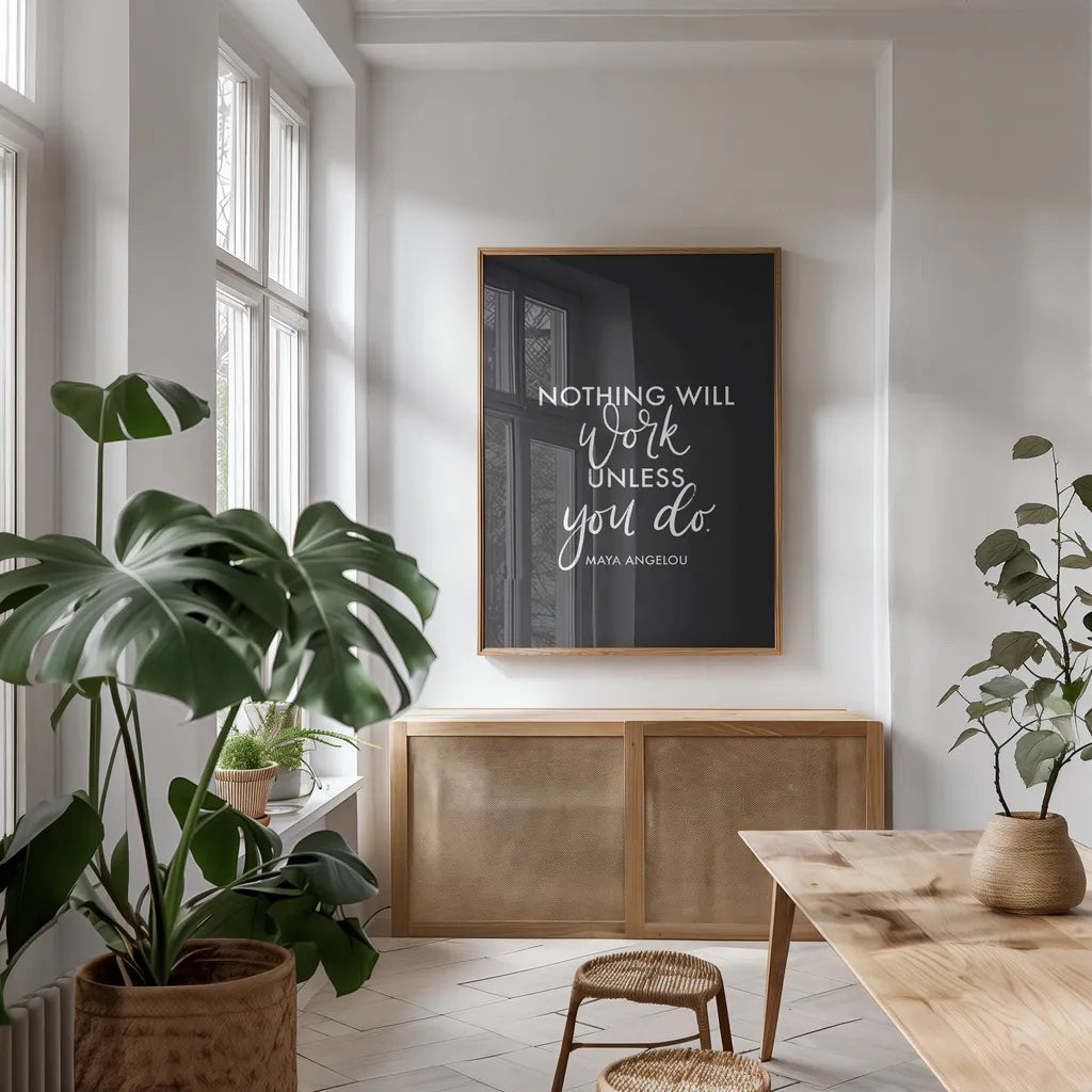 Words of Wisdom II BW v2 by Becky Thorns. shown as a print in a natural wood frame in a dining room. Available as a archival giclee rolled canvas, fine art paper, or poster print. SKU 80657h.