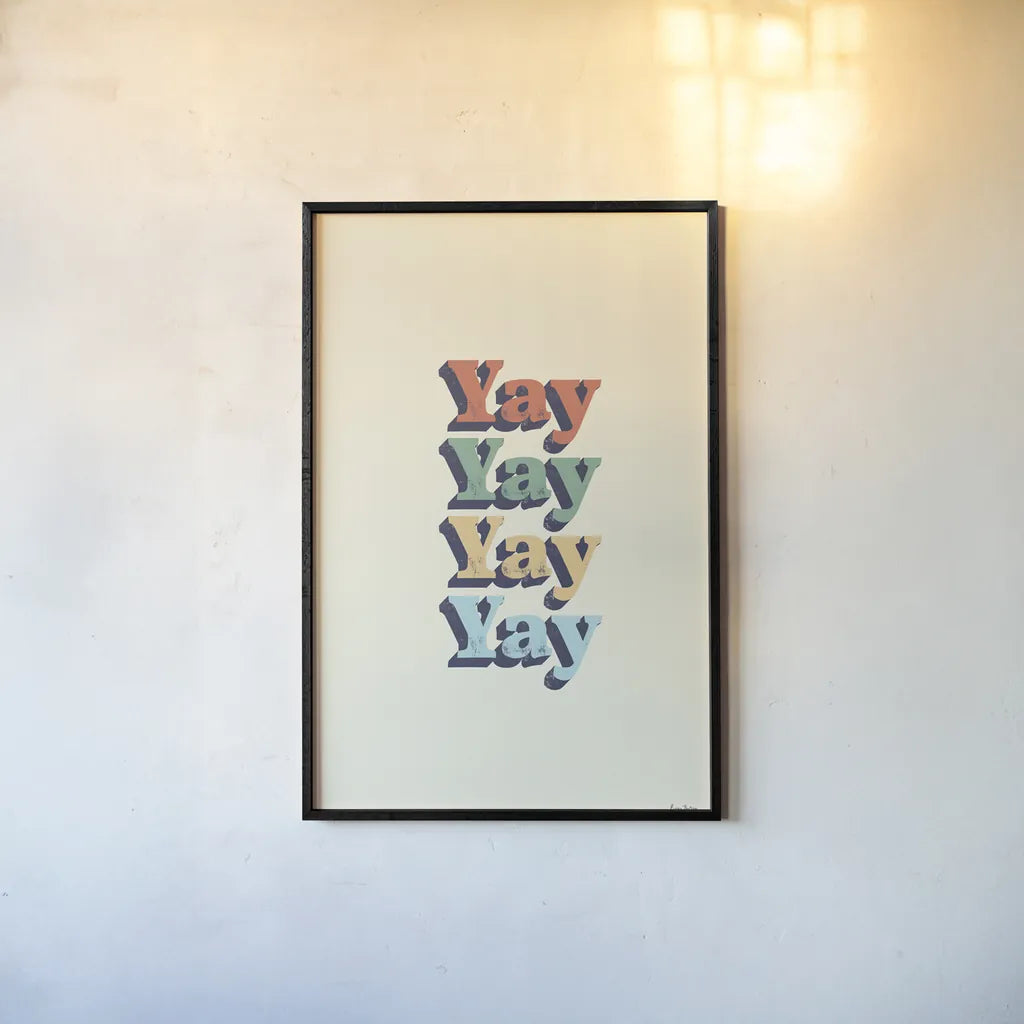 Yay by Becky Thorns. shown as a paper print in a black flame. Available as a archival giclee rolled canvas, fine art paper, or poster print. SKU 65163h.