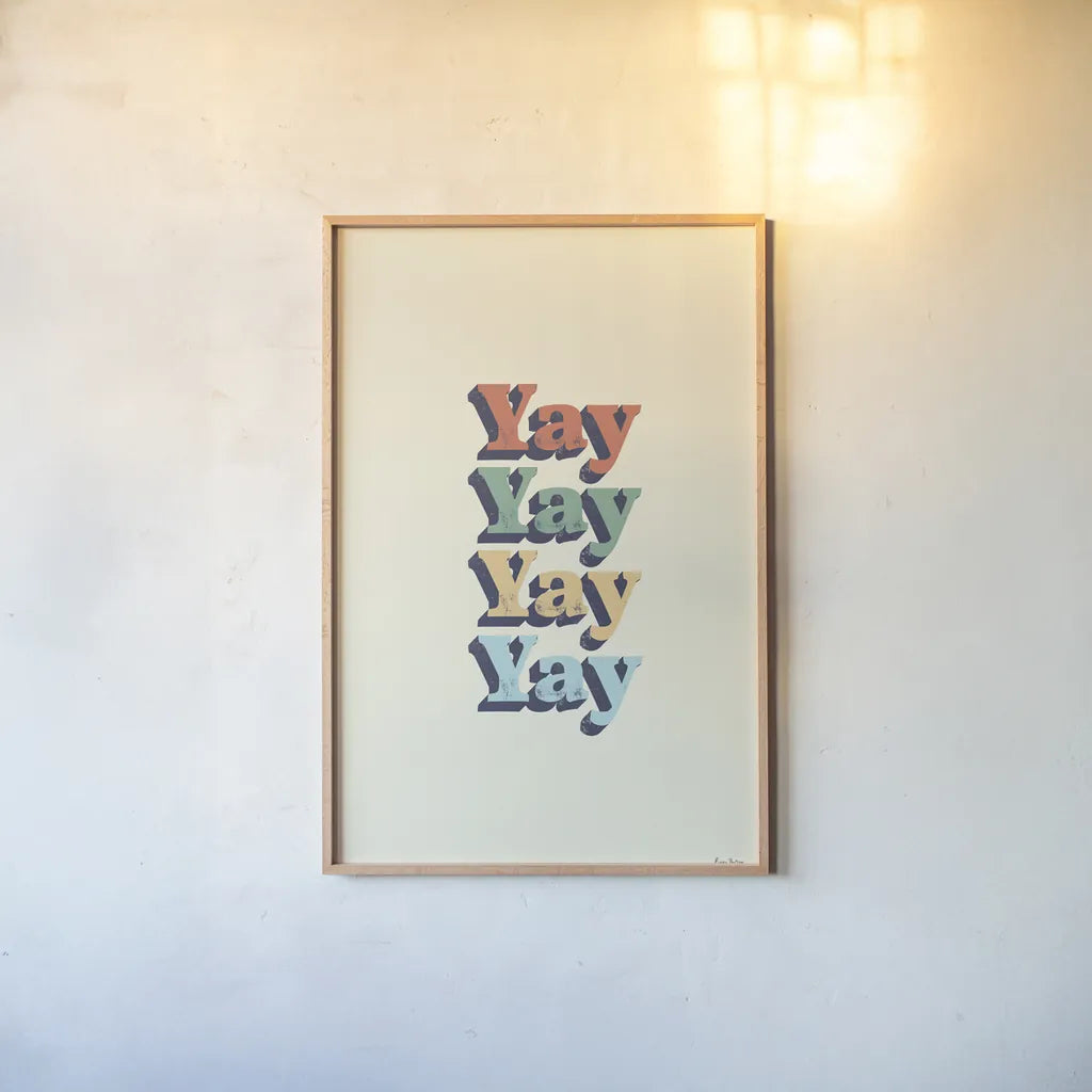 Yay by Becky Thorns. shown as a paper print in a natural frame. Available as a archival giclee rolled canvas, fine art paper, or poster print. SKU 65163h.