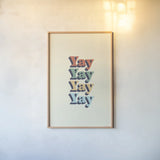 Yay by Becky Thorns. shown as a paper print in a natural frame. Available as a archival giclee rolled canvas, fine art paper, or poster print. SKU 65163h.