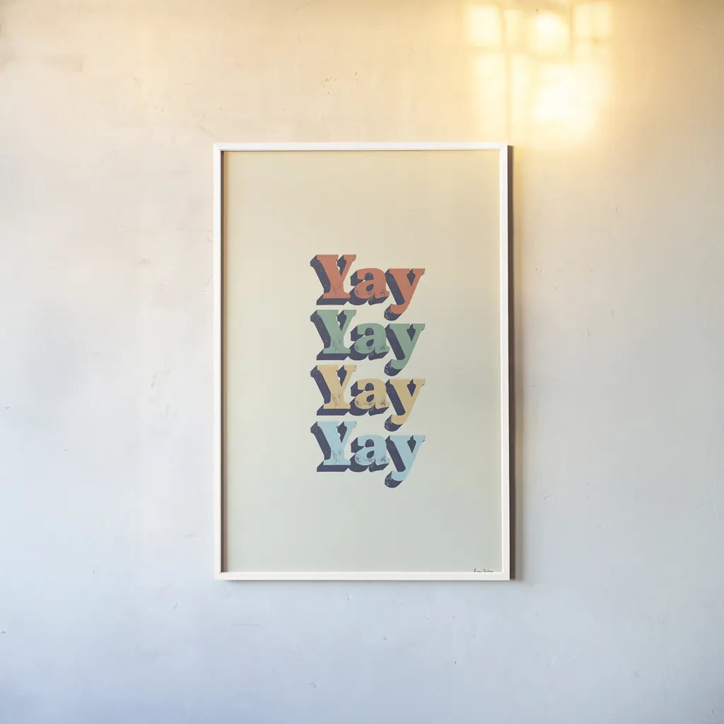 Yay by Becky Thorns. shown as a paper print in a white frame. Available as a archival giclee rolled canvas, fine art paper, or poster print. SKU 65163h.