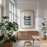 Yeah Modern Retro by Becky Thorns. shown as a print in a natural wood frame in a dining room. Available as a archival giclee rolled canvas, fine art paper, or poster print. SKU 66921h.