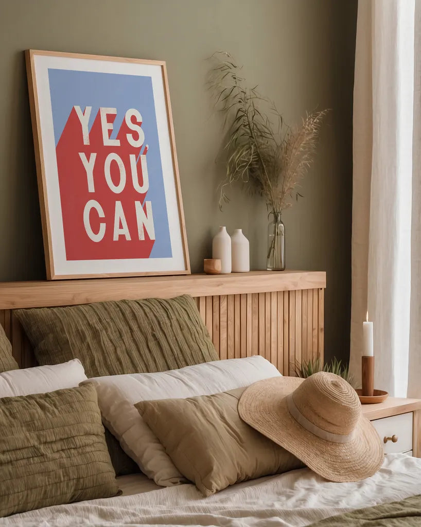 Yes You Can by Becky Thorns. shown as a paper print in a natural frame. Available as a archival giclee rolled canvas, fine art paper, or poster print. SKU 56779h.