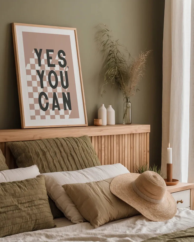 Yes You Can Checkered by Becky Thorns. shown as a paper print in a natural frame. Available as a archival giclee rolled canvas, fine art paper, or poster print. SKU 87462h.