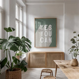 Yes You Can Sage by Becky Thorns. shown as a print in a natural wood frame in a dining room. Available as a archival giclee rolled canvas, fine art paper, or poster print. SKU 63832h.