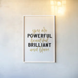 You Are Powerful Gold by Becky Thorns. shown as a paper print in a white frame. Available as a archival giclee rolled canvas, fine art paper, or poster print. SKU 68879h.