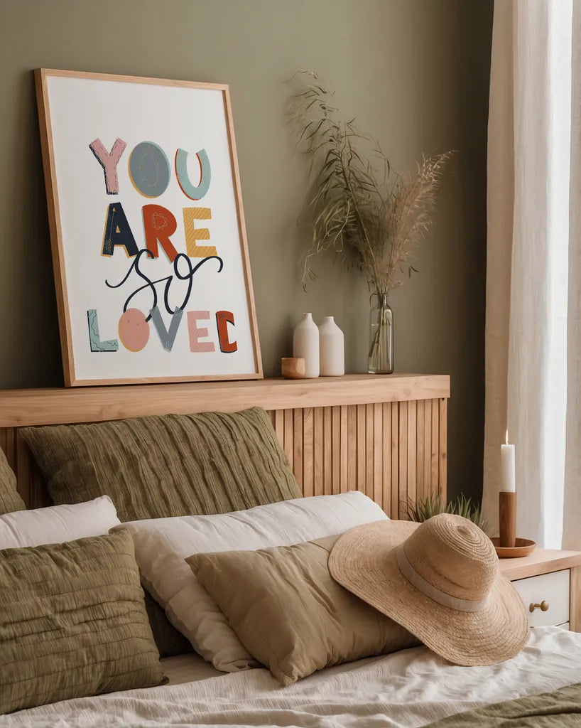 You Are So Loved Pastel by Becky Thorns. shown as a paper print in a natural frame. Available as a archival giclee rolled canvas, fine art paper, or poster print. SKU 66562h.