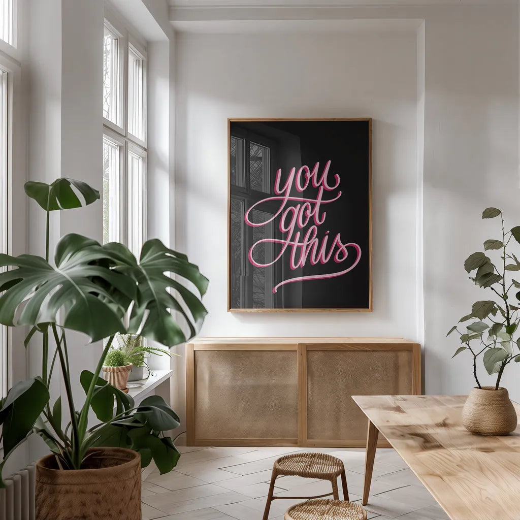 You Got This Black and Pink by Becky Thorns. shown as a print in a natural wood frame in a dining room. Available as a archival giclee rolled canvas, fine art paper, or poster print. SKU 58415h.
