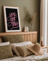 You Got This Black and Pink by Becky Thorns. shown as a paper print in a natural frame. Available as a archival giclee rolled canvas, fine art paper, or poster print. SKU 58415h.