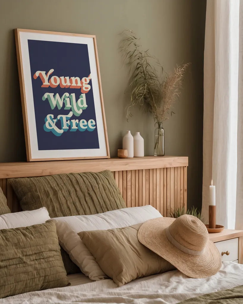 Young Wild and Free by Becky Thorns. shown as a paper print in a natural frame. Available as a archival giclee rolled canvas, fine art paper, or poster print. SKU 65171h.