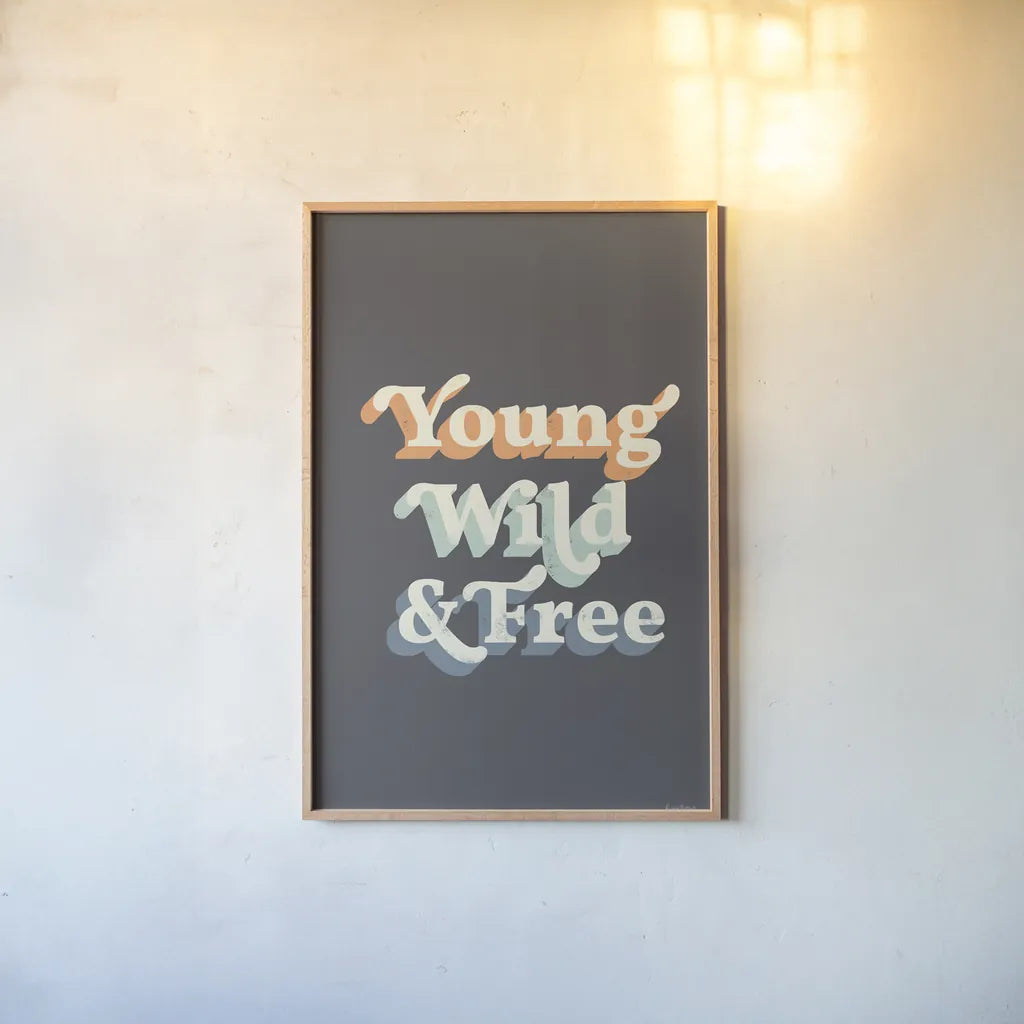 Young Wild and Free Warm by Becky Thorns. shown as a paper print in a natural frame. Available as a archival giclee rolled canvas, fine art paper, or poster print. SKU 66919h.