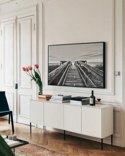 Beach Walk II by Belinda Aldrich. shown as a framed stretched canvas in a living room above a console. Available as a archival giclee rolled canvas, fine art paper, or poster print. SKU 13433i.