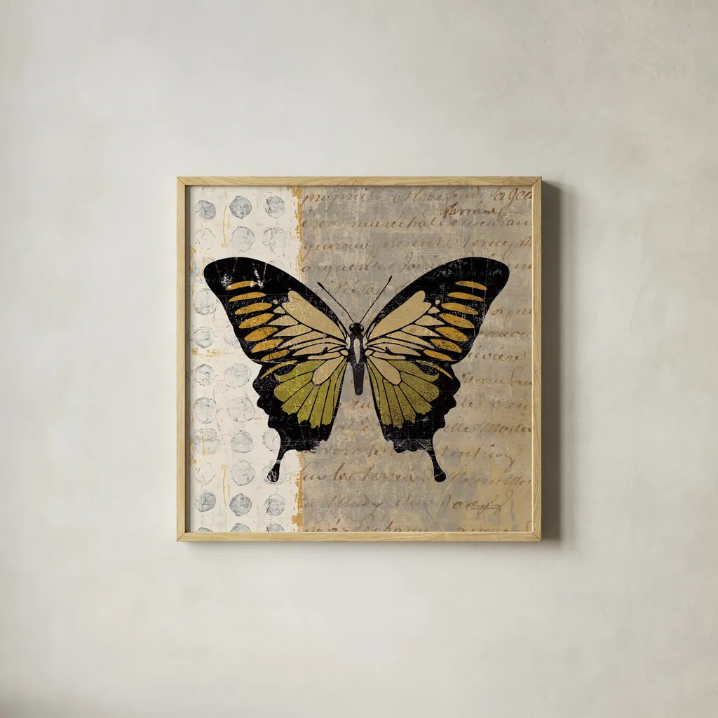 Belindas Butterfly I by Belinda Aldrich. Shown in a natural wood glass frame for a timeless modern aesthetic. Available as an archival giclee rolled canvas, fine art paper, or poster print. SKU 5699a.
