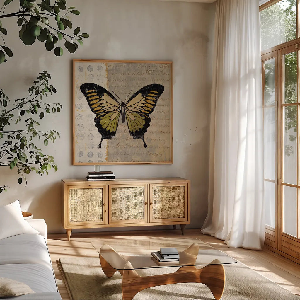 Belindas Butterfly I by Belinda Aldrich. Shown in a natural wood frame in a cozy modern living room. Available as an archival giclee rolled canvas, fine art paper, or poster print. SKU 5699a.