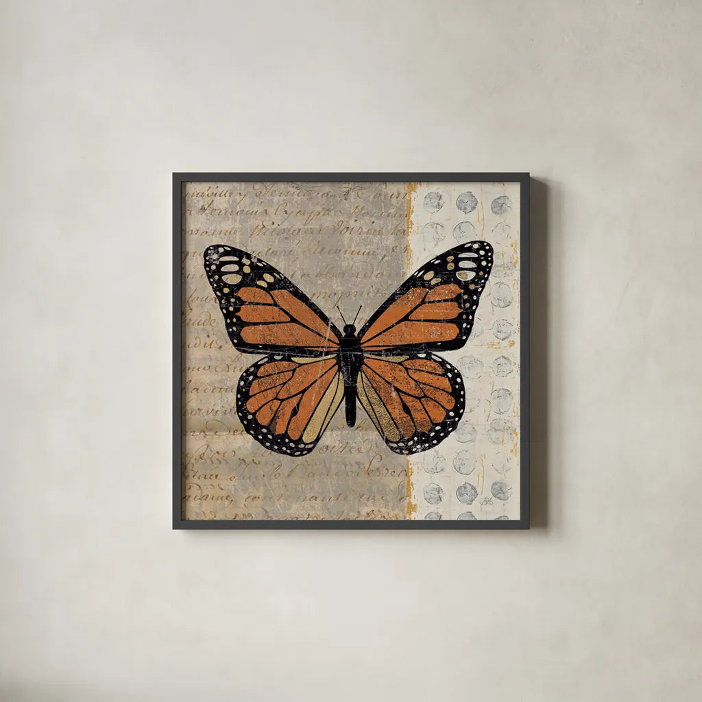 Belindas Butterfly II by Belinda Aldrich. Shown in a sleek black glass frame for a contemporary gallery look. Available as an archival giclee rolled canvas, fine art paper, or poster print. SKU 5700a.