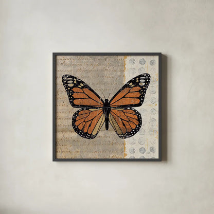 Belindas Butterfly II by Belinda Aldrich. Shown in a sleek black glass frame for a contemporary gallery look. Available as an archival giclee rolled canvas, fine art paper, or poster print. SKU 5700a.