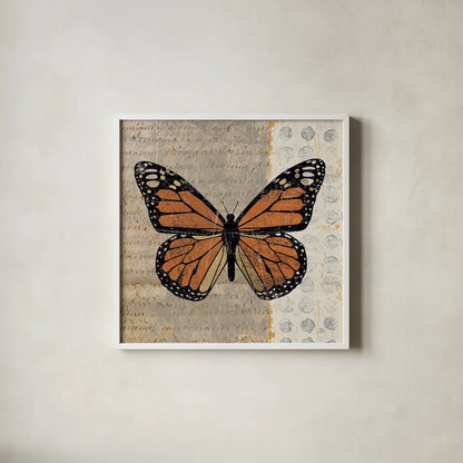Belindas Butterfly II by Belinda Aldrich. Shown in a crisp white glass frame for a clean and minimalist style. Available as an archival giclee rolled canvas, fine art paper, or poster print. SKU 5700a.