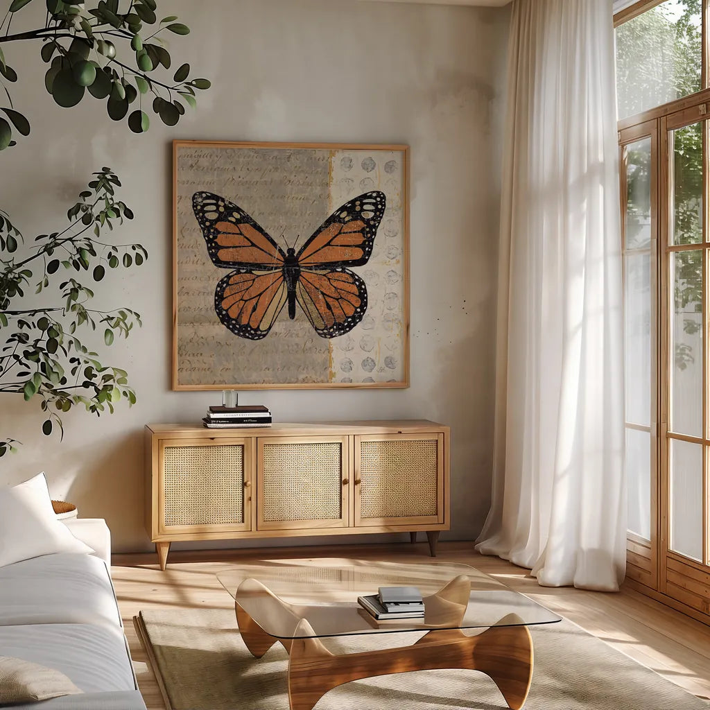 Belindas Butterfly II by Belinda Aldrich. Shown in a natural wood frame in a cozy modern living room. Available as an archival giclee rolled canvas, fine art paper, or poster print. SKU 5700a.