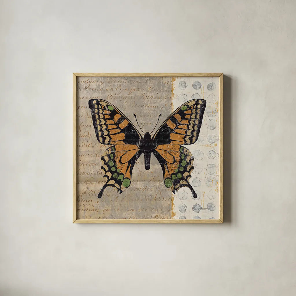 Belindas Butterfly IV by Belinda Aldrich. Shown in a natural wood glass frame for a timeless modern aesthetic. Available as an archival giclee rolled canvas, fine art paper, or poster print. SKU 11322a.