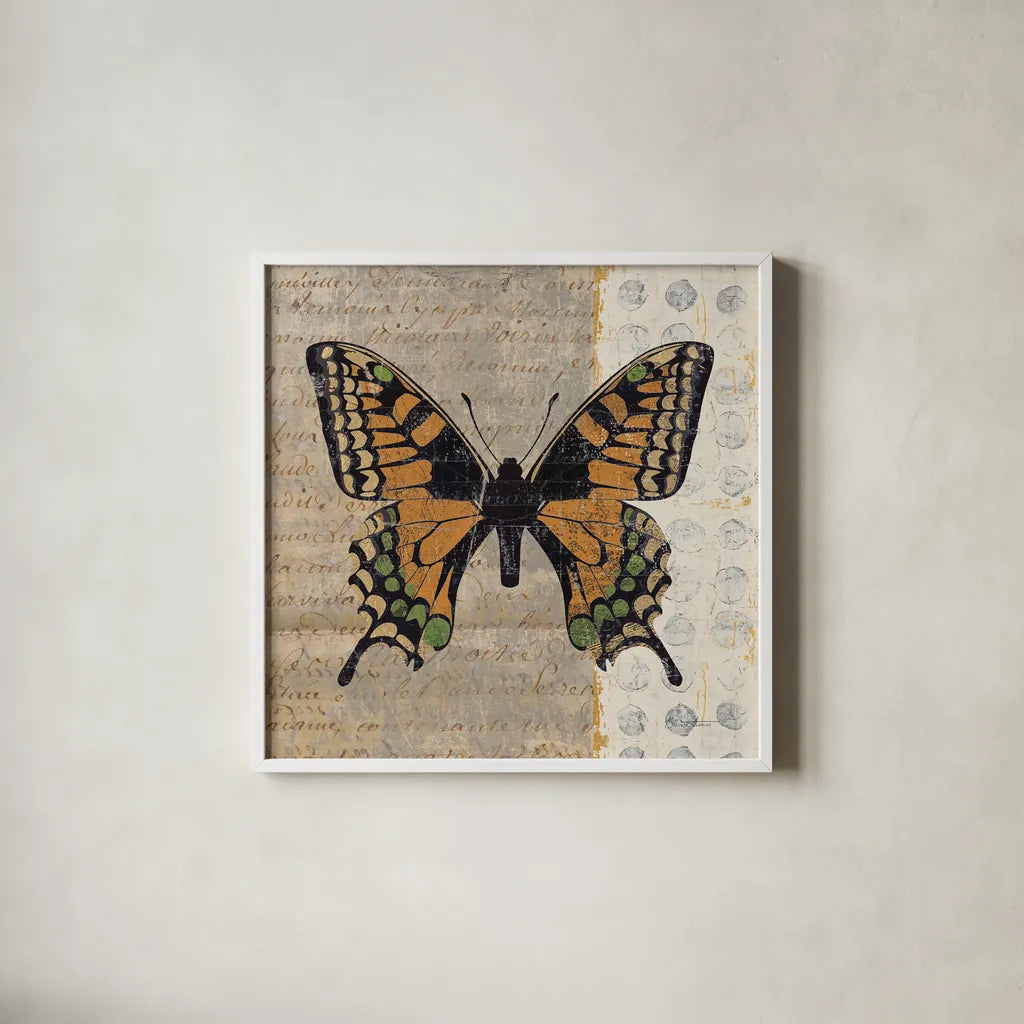 Belindas Butterfly IV by Belinda Aldrich. Shown in a crisp white glass frame for a clean and minimalist style. Available as an archival giclee rolled canvas, fine art paper, or poster print. SKU 11322a.