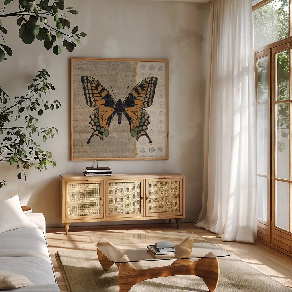Belindas Butterfly IV by Belinda Aldrich. Shown in a natural wood frame in a cozy modern living room. Available as an archival giclee rolled canvas, fine art paper, or poster print. SKU 11322a.