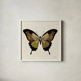 Belindas Butterfly on Cream I by Belinda Aldrich. Shown in a crisp white glass frame for a clean and minimalist style. Available as an archival giclee rolled canvas, fine art paper, or poster print. SKU 102304a.