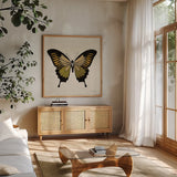 Belindas Butterfly on Cream I by Belinda Aldrich. Shown in a natural wood frame in a cozy modern living room. Available as an archival giclee rolled canvas, fine art paper, or poster print. SKU 102304a.