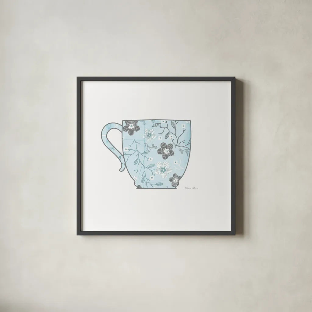 Bright Garden Cafe I by Belinda Aldrich. Shown in a sleek black glass frame for a contemporary gallery look. Available as an archival giclee rolled canvas, fine art paper, or poster print. SKU 69149a.