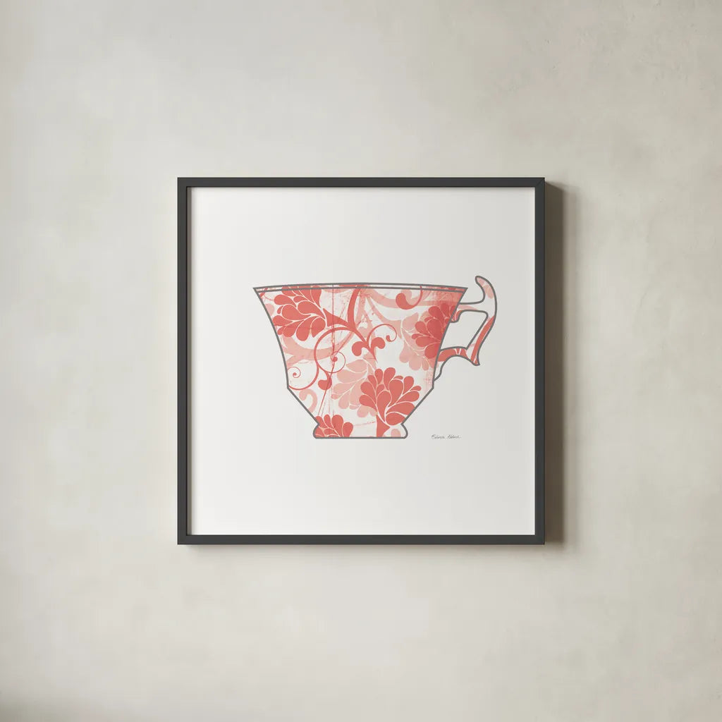 Bright Garden Cafe II by Belinda Aldrich. Shown in a sleek black glass frame for a contemporary gallery look. Available as an archival giclee rolled canvas, fine art paper, or poster print. SKU 69150a.