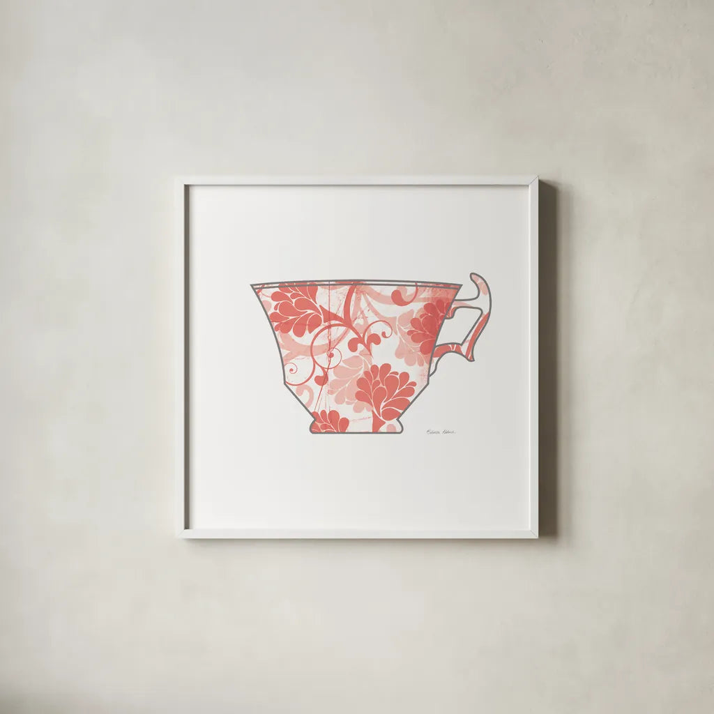 Bright Garden Cafe II by Belinda Aldrich. Shown in a crisp white glass frame for a clean and minimalist style. Available as an archival giclee rolled canvas, fine art paper, or poster print. SKU 69150a.