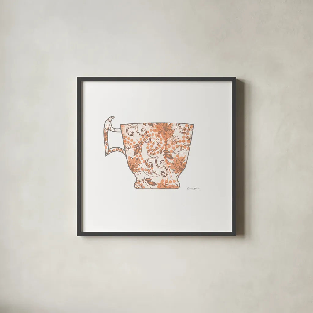 Bright Garden Cafe III by Belinda Aldrich. Shown in a sleek black glass frame for a contemporary gallery look. Available as an archival giclee rolled canvas, fine art paper, or poster print. SKU 69151a.