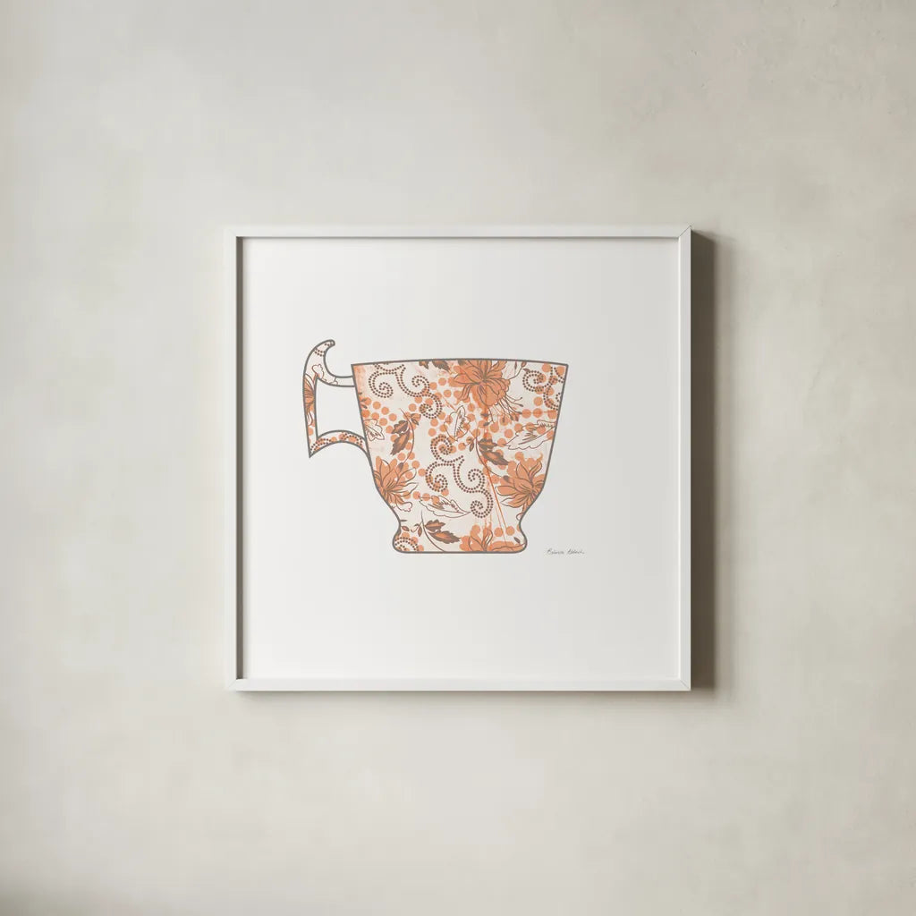 Bright Garden Cafe III by Belinda Aldrich. Shown in a crisp white glass frame for a clean and minimalist style. Available as an archival giclee rolled canvas, fine art paper, or poster print. SKU 69151a.