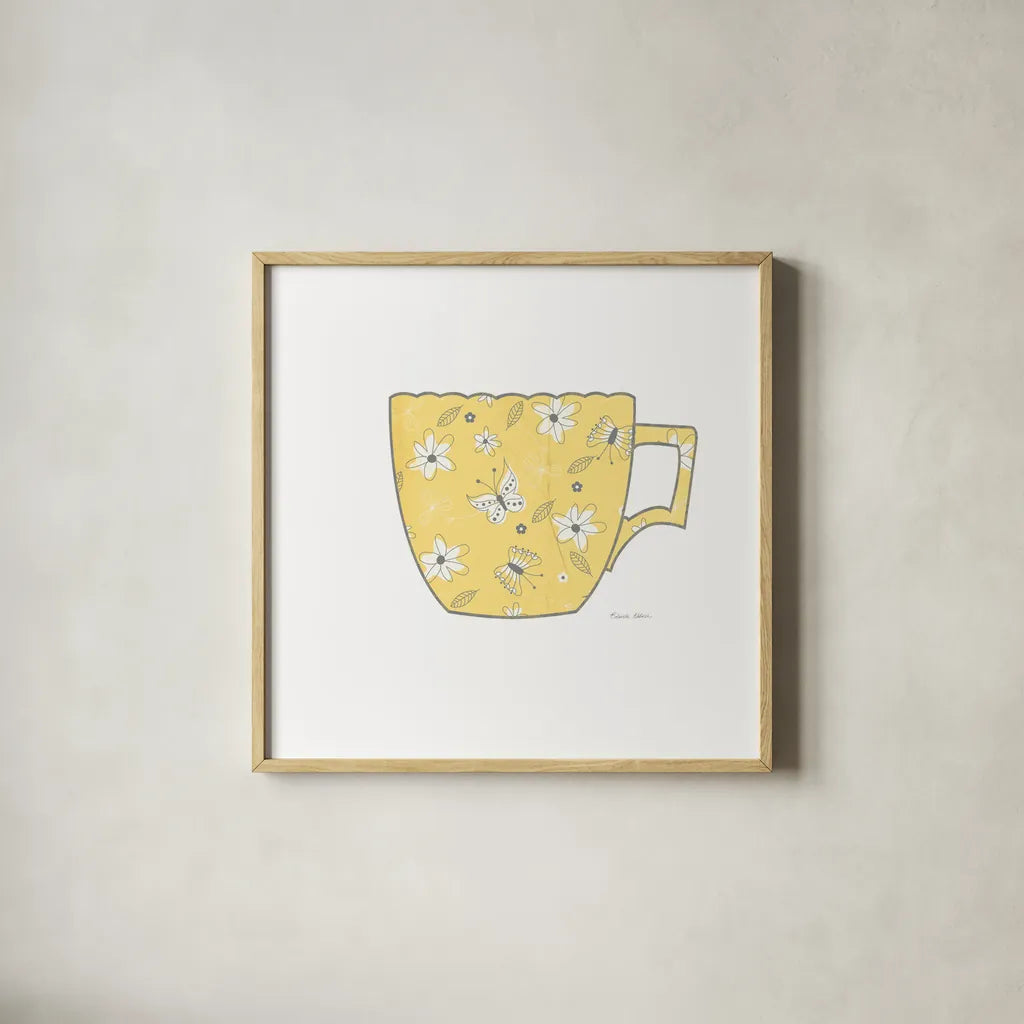 Bright Garden Cafe IV by Belinda Aldrich. Shown in a natural wood glass frame for a timeless modern aesthetic. Available as an archival giclee rolled canvas, fine art paper, or poster print. SKU 69152a.