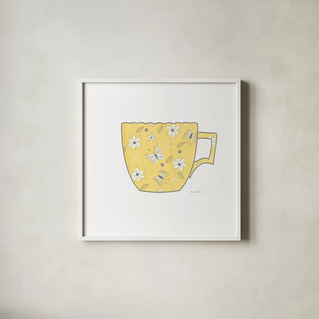 Bright Garden Cafe IV by Belinda Aldrich. Shown in a crisp white glass frame for a clean and minimalist style. Available as an archival giclee rolled canvas, fine art paper, or poster print. SKU 69152a.