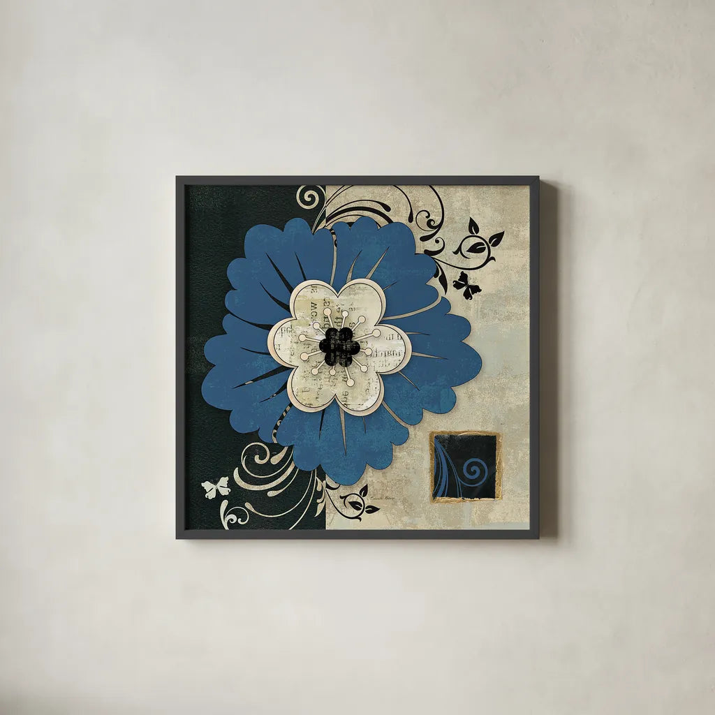 Flowers In Bloom III by Belinda Aldrich. Shown in a sleek black glass frame for a contemporary gallery look. Available as an archival giclee rolled canvas, fine art paper, or poster print. SKU 13595a.