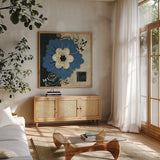 Flowers In Bloom III by Belinda Aldrich. Shown in a natural wood frame in a cozy modern living room. Available as an archival giclee rolled canvas, fine art paper, or poster print. SKU 13595a.