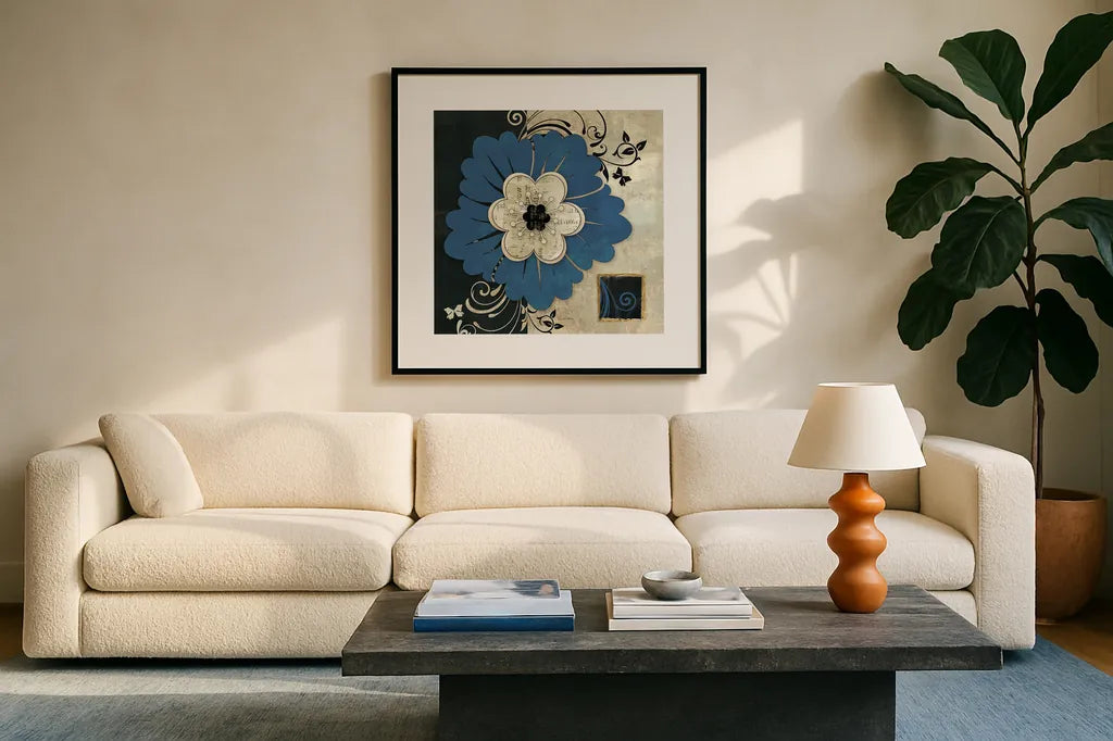 Flowers In Bloom III by Belinda Aldrich. Displayed in a glass frame with matte in a clean modern living room. Available as an archival giclee rolled canvas, fine art paper, or poster print. SKU 13595a.