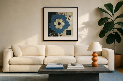 Flowers In Bloom III by Belinda Aldrich. Displayed in a glass frame with matte in a clean modern living room. Available as an archival giclee rolled canvas, fine art paper, or poster print. SKU 13595a.