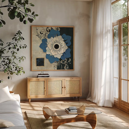 Flowers In Bloom IV by Belinda Aldrich. Shown in a natural wood frame in a cozy modern living room. Available as an archival giclee rolled canvas, fine art paper, or poster print. SKU 13596a.
