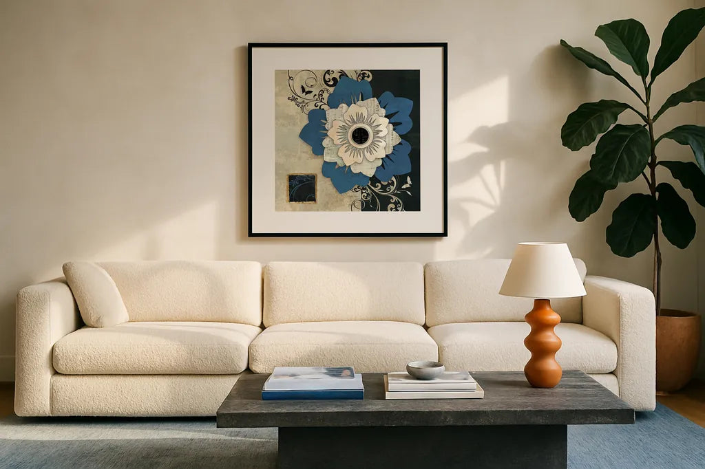Flowers In Bloom IV by Belinda Aldrich. Displayed in a glass frame with matte in a clean modern living room. Available as an archival giclee rolled canvas, fine art paper, or poster print. SKU 13596a.