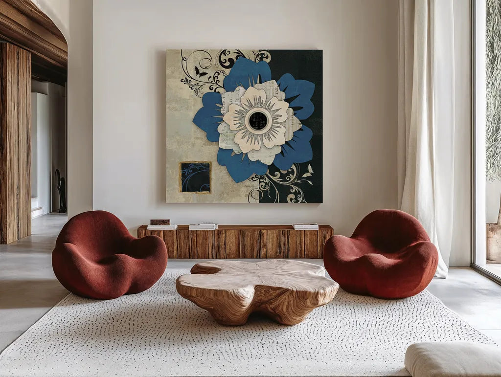 Flowers In Bloom IV by Belinda Aldrich. Shown as extra-large giant wall art in a modern living room. Available as an archival giclee rolled canvas, fine art paper, or poster print. SKU 13596a.