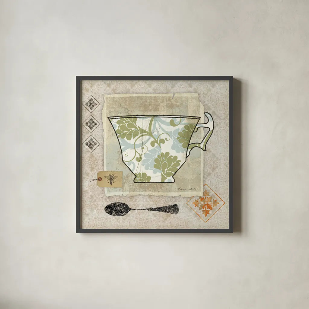 Garden Cafe II by Belinda Aldrich. Shown in a sleek black glass frame for a contemporary gallery look. Available as an archival giclee rolled canvas, fine art paper, or poster print. SKU 12897a.