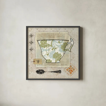 Garden Cafe II by Belinda Aldrich. Shown in a sleek black glass frame for a contemporary gallery look. Available as an archival giclee rolled canvas, fine art paper, or poster print. SKU 12897a.