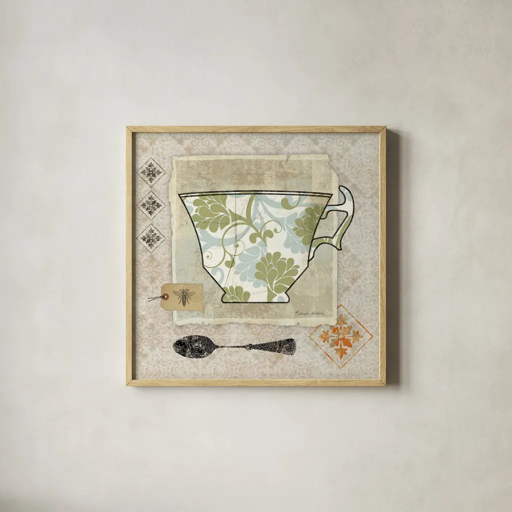 Garden Cafe II by Belinda Aldrich. Shown in a natural wood glass frame for a timeless modern aesthetic. Available as an archival giclee rolled canvas, fine art paper, or poster print. SKU 12897a.