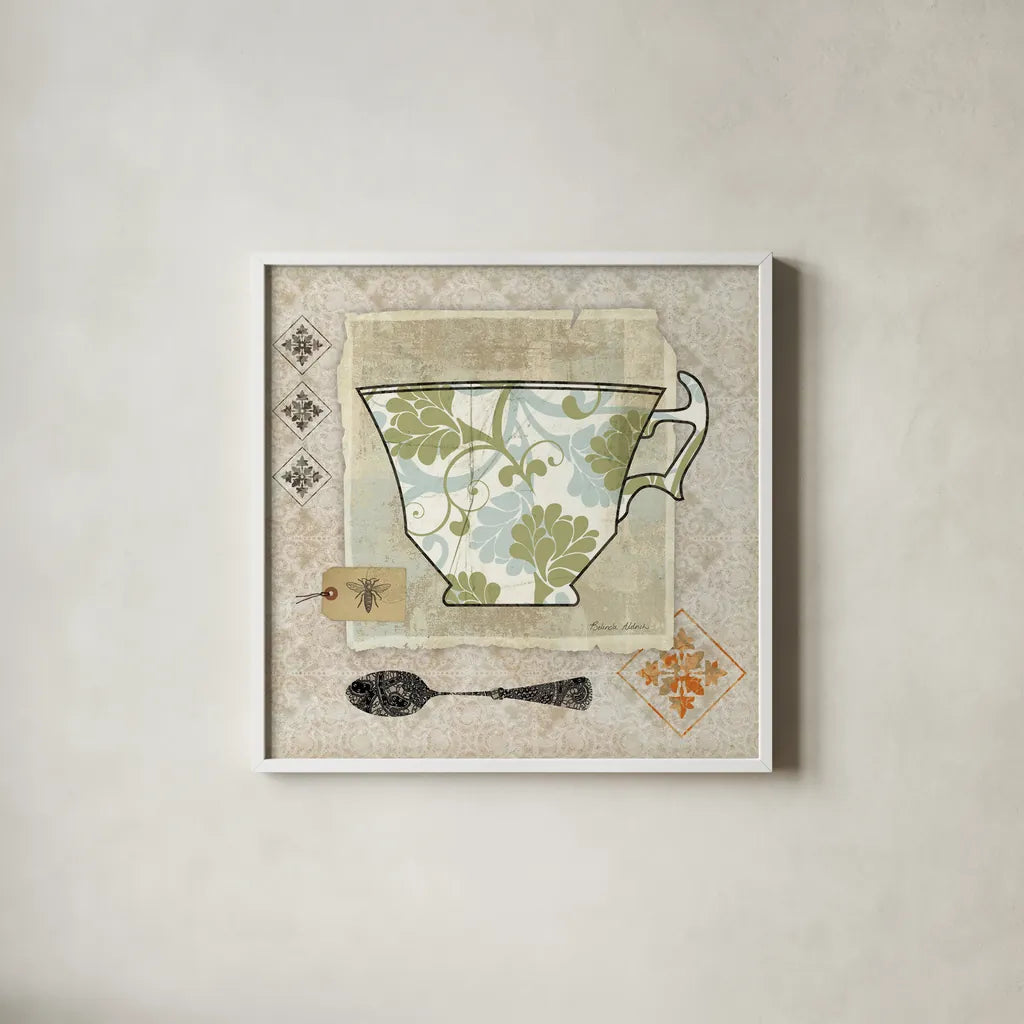 Garden Cafe II by Belinda Aldrich. Shown in a crisp white glass frame for a clean and minimalist style. Available as an archival giclee rolled canvas, fine art paper, or poster print. SKU 12897a.
