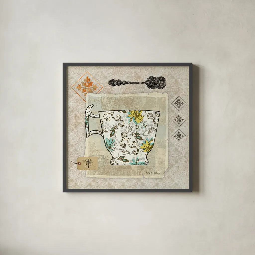 Garden Cafe III by Belinda Aldrich. Shown in a sleek black glass frame for a contemporary gallery look. Available as an archival giclee rolled canvas, fine art paper, or poster print. SKU 12898a.